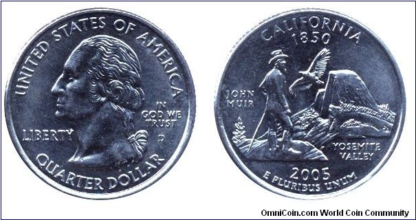USA, 1/4 dollar, 2005, Cu-Ni, California - 1850, John Muir, Yosemite Valley, George Washington, MM: D.                                                                                                                                                                                                                                                                                                                                                                                                              