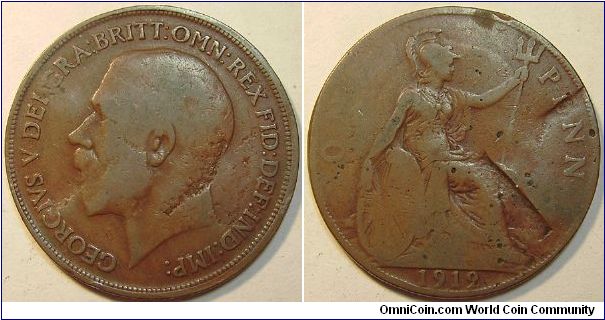 1919 George V, One Penny, Damaged