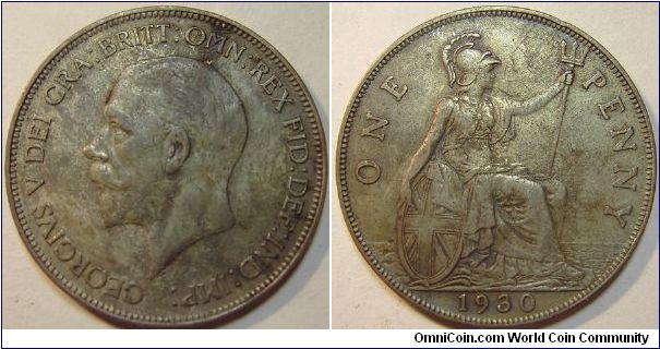 1930 George V, One Penny, Looks Plated