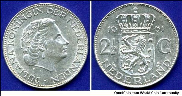 2-1/2 Gulden.
Queen Juliana (1948-1980).


Ag720f. 15gr.
