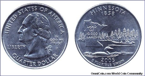 USA, 1/4 dollar, 2005, Cu-Ni, Minnesota - 1858, Land of 10.000 Lakes, George Washington, MM: D.                                                                                                                                                                                                                                                                                                                                                                                                                     