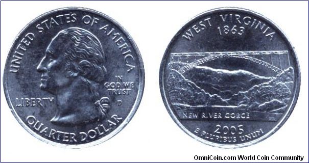 USA, 1/4 dollar, 2005, Cu-Ni, West Virginia - 1863, New River Gorge, George Washington, MM: D.                                                                                                                                                                                                                                                                                                                                                                                                                      