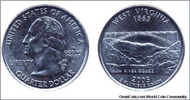 USA, 1/4 dollar, 2005, Cu-Ni, West Virginia - 1863, New River Gorge, George Washington, MM: D.                                                                                                                                                                                                                                                                                                                                                                                                                      