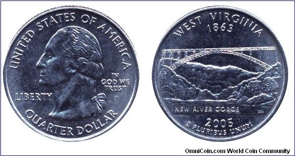 USA, 1/4 dollar, 2005, Cu-Ni, West Virginia - 1863, New River Gorge, George Washington, MM: P.                                                                                                                                                                                                                                                                                                                                                                                                                      