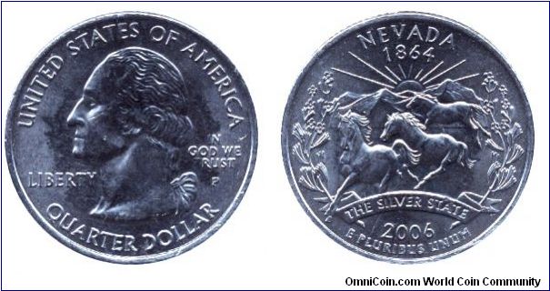 USA, 1/4 dollar, 2006, Cu-Ni, Nevada - 1864, The Silver State, George Washington, MM: P.                                                                                                                                                                                                                                                                                                                                                                                                                            