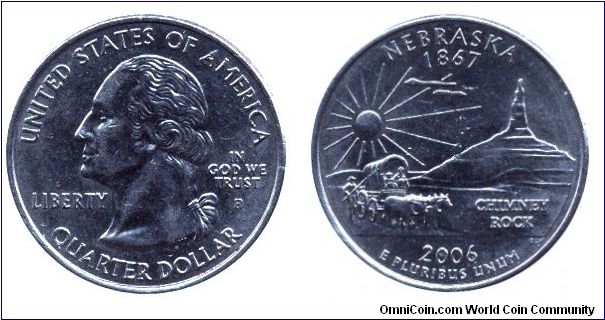 USA, 1/4 dollar, 2006, Cu-Ni, Nebraska - 1867, Chimney Rock, George Washington, MM: P.                                                                                                                                                                                                                                                                                                                                                                                                                              