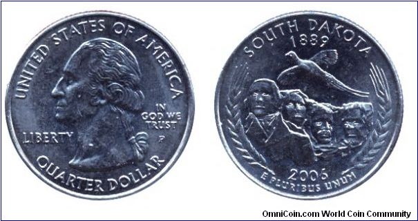 USA, 1/4 dollar, 2006, Cu-Ni, South Dakota - 1889, George Washington, MM: P.                                                                                                                                                                                                                                                                                                                                                                                                                                        