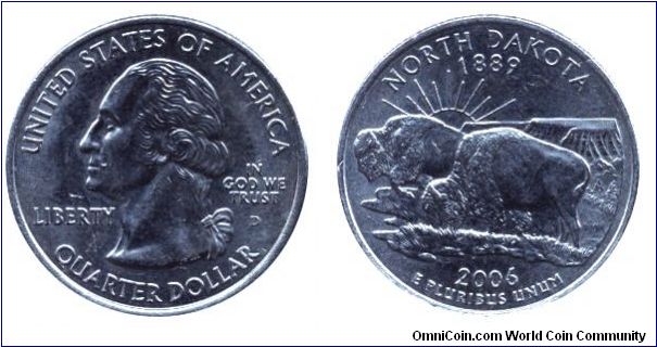 USA, 1/4 dollar, 2006, Cu-Ni, North Dakota - 1889, George Washington, MM: D.                                                                                                                                                                                                                                                                                                                                                                                                                                        