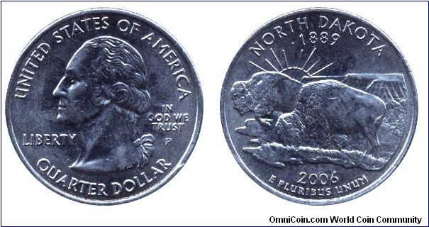 USA, 1/4 dollar, 2006, Cu-Ni, North Dakota - 1889, George Washington, MM: P.                                                                                                                                                                                                                                                                                                                                                                                                                                        