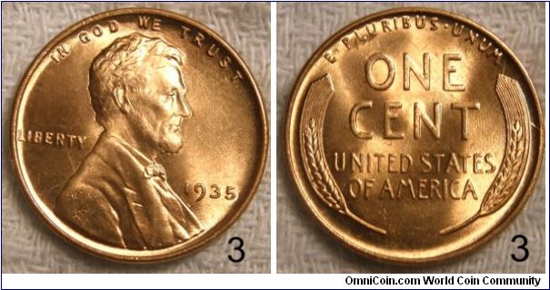 Lincoln/ Wheat Penny,Die Crack in the right wheatstalk .
1935-Mintmark: None (for Philadelphia, PA) below the date
Found in two boxes of pennies
9 of 10 Pennies
