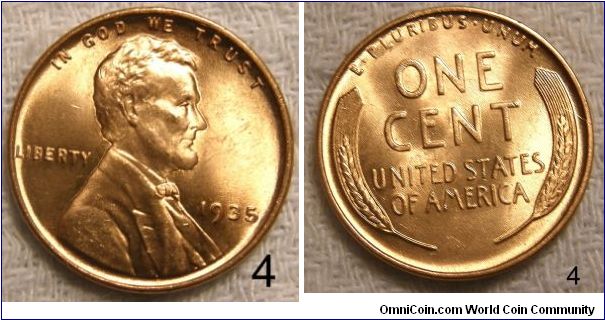 Lincoln/ Wheat Penny,Die Crack in the right wheatstalk .
1935-Mintmark: None (for Philadelphia, PA) below the date
Found in two boxes of pennies
10 of 10 Pennies