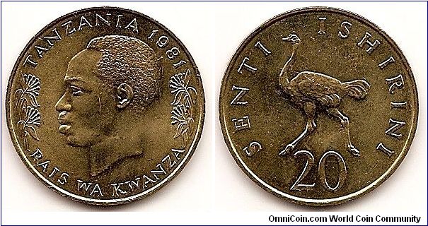 20 Senti
KM#2
5.0000 g., Nickel-Brass, 24 mm. Obv: Head of President J.K. Nyerere left Rev: Ostrich running left Edge: Plain