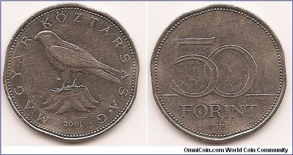50 Forint
KM#697
7.7000 g., Copper-Nickel Clad Brass, 27.5 mm. Obv: Saker falcon Rev: Denomination