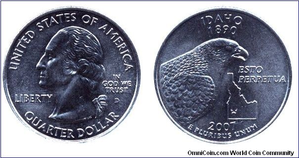 USA, 1/4 dollar, 2007, Cu-Ni, Idaho - 1890, Esto Perpetua, George Washington, MM: D.                                                                                                                                                                                                                                                                                                                                                                                                                                