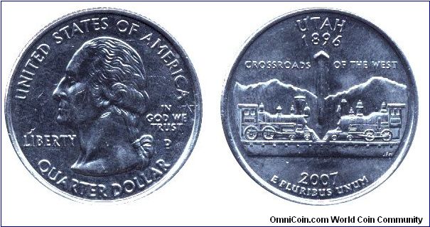 USA, 1/4 dollar, 2007, Cu-Ni, Utah - 1896, Crossroads of the West, George Washington, MM: D.                                                                                                                                                                                                                                                                                                                                                                                                                        