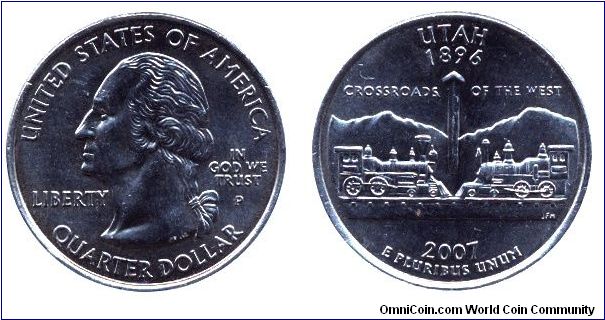USA, 1/4 dollar, 2007, Cu-Ni, Utah - 1896, Crossroads of the West, George Washington, MM: P.                                                                                                                                                                                                                                                                                                                                                                                                                        