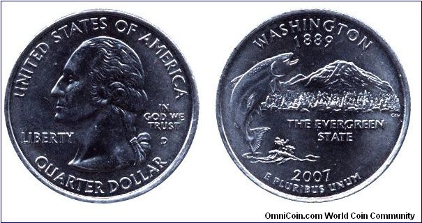 USA, 1/4 dollar, 2007, Cu-Ni, Washington - 1889, The Evergreen State, George Washington, MM: D.                                                                                                                                                                                                                                                                                                                                                                                                                     