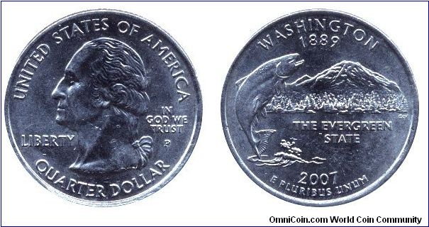 USA, 1/4 dollar, 2007, Cu-Ni, Washington - 1889, The Evergreen State, George Washington, MM: P.                                                                                                                                                                                                                                                                                                                                                                                                                     