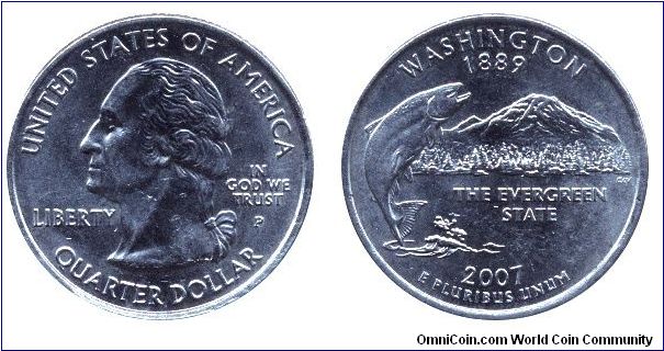 USA, 1/4 dollar, 2007, Cu-Ni, Washington - 1889, The Evergreen State, George Washington, MM: P.                                                                                                                                                                                                                                                                                                                                                                                                                     
