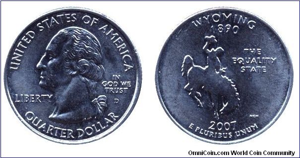 USA, 1/4 dollar, 2007, Cu-Ni, Wyoming - 1890, The Equality State, George Washington, MM: D.                                                                                                                                                                                                                                                                                                                                                                                                                         