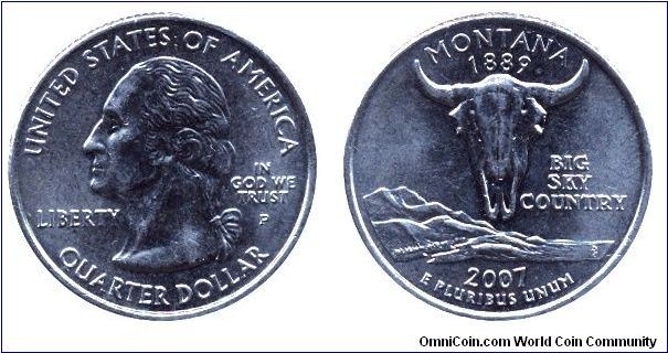 USA, 1/4 dollar, 2007, Cu-Ni, Montana - 1889, Big Sky Country, George Washington, MM: P.                                                                                                                                                                                                                                                                                                                                                                                                                            