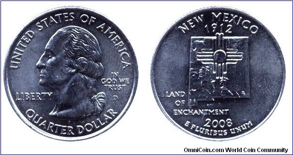 USA, 1/4 dollar, 2008, Cu-Ni, New Mexico - 1912, Land of Enchantment, George Washington, MM: D.                                                                                                                                                                                                                                                                                                                                                                                                                     