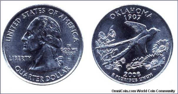 USA, 1/4 dollar, 2008, Cu-Ni, Oklahoma - 1907, George Washington, MM: D.                                                                                                                                                                                                                                                                                                                                                                                                                                            