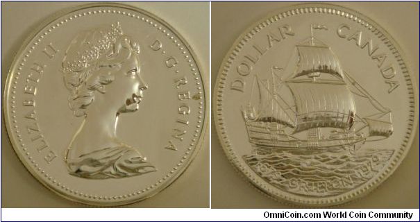 Canada, 1 dollar, 1979 First voyage of a commercial ship, the Griffon, on the Great Lakes, silver dollar
