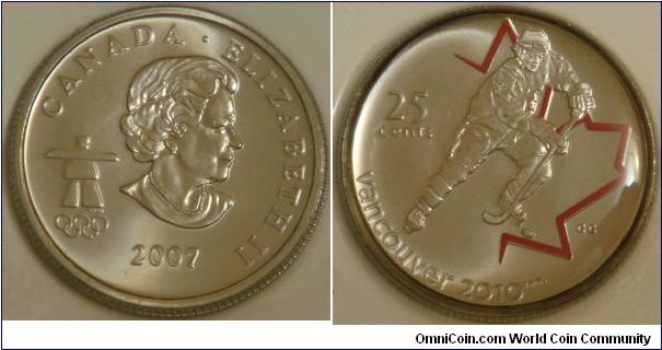 Canada, 25 cents, 2007-2010 Vancouver 2010 Olympic Winter Games Coin Sport Card series, 2007 Ice Hockey, colored coin
