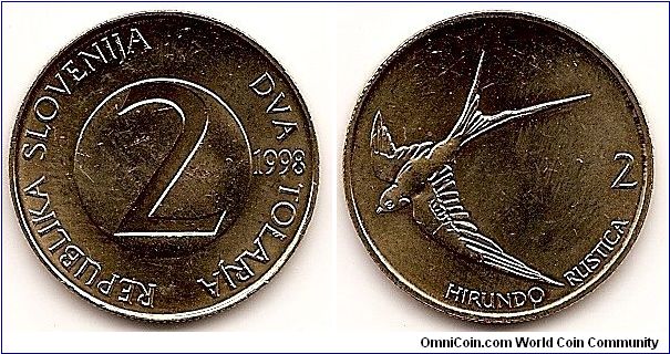 2 Tolarja
KM#5
5.4000 g., Nickel-Brass, 24 mm. Obv: Value within circle Rev: Barn swallow in flightRev. Legend: HIRUNDO RUSTICA Edge: Reeded
