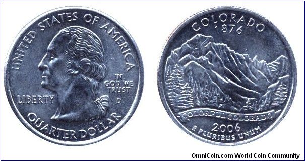 USA, 1/4 dollar, 2006, Cu-Ni, Colorado - 1876, Colorful Colorado, George Washington, MM: D.                                                                                                                                                                                                                                                                                                                                                                                                                         