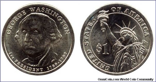 USA, 1 dollar, 2007, Mn-Brass, Georg Washington (1789-1797), 1st President.                                                                                                                                                                                                                                                                                                                                                                                                                                         