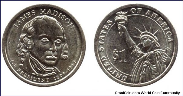USA, 1 dollar, 2007, Mn-Brass, James Madison (1809-1817), 4th President.                                                                                                                                                                                                                                                                                                                                                                                                                                            