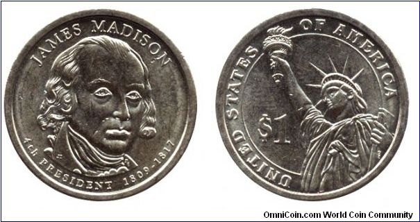 USA, 1 dollar, 2007, Mn-Brass, James Madison (1809-1817), 4th President.                                                                                                                                                                                                                                                                                                                                                                                                                                            