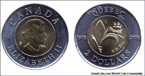 Canada, 2 dollars, 2008, bi-metallic, Quebec city, 1608-2008, Queen Elizabeth II.                                                                                                                                                                                                                                                                                                                                                                                                                                   