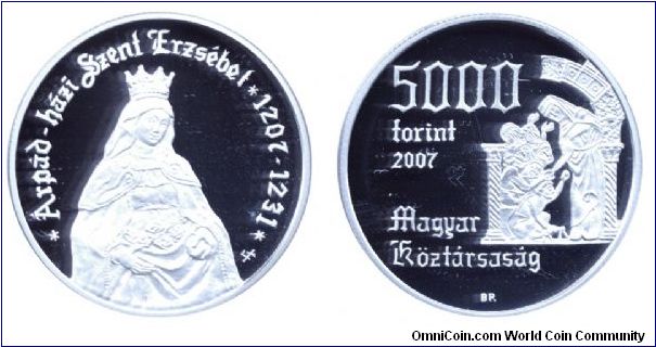 Hungary, 5000 forint, 2007, Ag, 800th Anniversary of the Birth of St. ELizabeth of Árpádházi.                                                                                                                                                                                                                                                                                                                                                                                                                       
