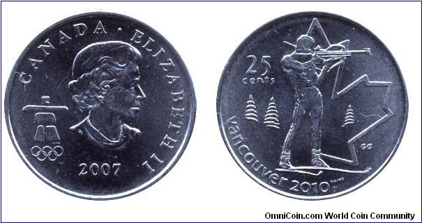 Canada, 25 cents, 2007, Winter Olympic Games Vancouver 2010,  Elizabeth II.                                                                                                                                                                                                                                                                                                                                                                                                                                         