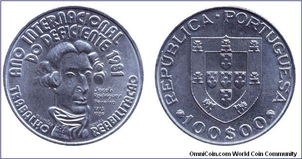 Portugal, 100 escudos, 1984, Cu-Ni, 1981 - International Year of Disabled Persons.                                                                                                                                                                                                                                                                                                                                                                                                                                  