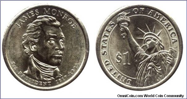 USA, 1 dollar, 2008, Mn-Brass, James Monroe (1817-1825), 5th President.                                                                                                                                                                                                                                                                                                                                                                                                                                             