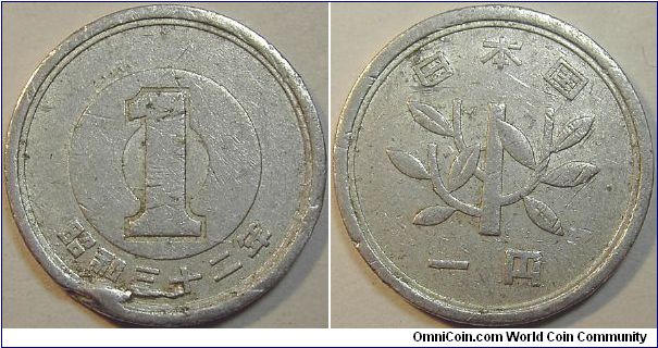 1957 Japan, 1 Yen, Damaged