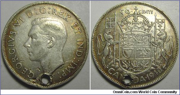 1940 George VI, 50 Cents, Damaged, Holed