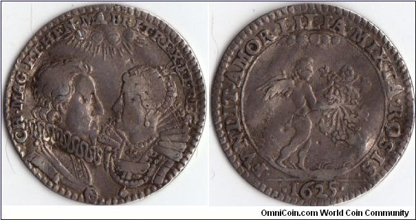 1625 silver jeton issued for the marriage of Charles I of Great Britain to Henrietta Marie of France. A little bit crimped, but still a good example of this particular jeton / medalet.