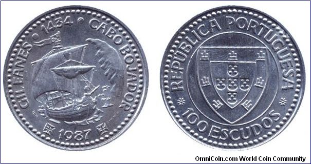 Portugal, 100 escudos, 1987, Cu-Ni, 1434 - Gil Eanes - Cabo Bojador.                                                                                                                                                                                                                                                                                                                                                                                                                                                