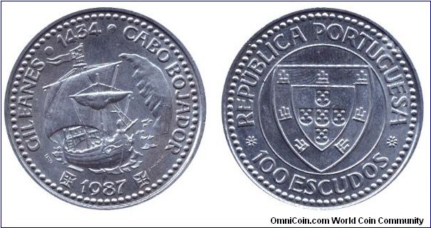 Portugal, 100 escudos, 1987, Cu-Ni, 1434 - Gil Eanes - Cabo Bojador.                                                                                                                                                                                                                                                                                                                                                                                                                                                