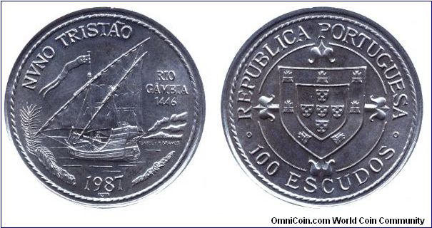 Portugal, 100 escudos, 1987, Cu-Ni, 1446 - Nuno Tristao - Rio Gambia.                                                                                                                                                                                                                                                                                                                                                                                                                                               
