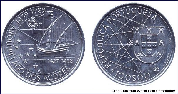 Portugal, 100 escudos, 1989, Cu-Ni, 1439 - Arquilepago dos Acores.                                                                                                                                                                                                                                                                                                                                                                                                                                                  