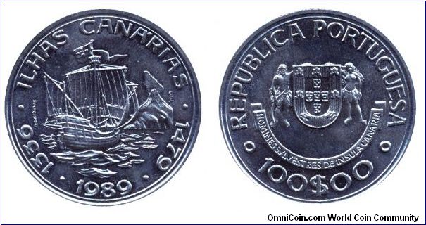 Portugal, 100 escudos, 1989, Cu-Ni, 1336 - 1479 - Ilhas Canarias.                                                                                                                                                                                                                                                                                                                                                                                                                                                   