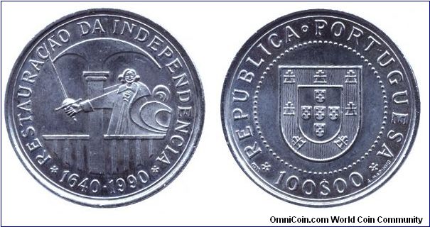 Portugal, 100 escudos, 1990, Cu-Ni, 350th Anniversary - Restoration of Portugal Independence.                                                                                                                                                                                                                                                                                                                                                                                                                       