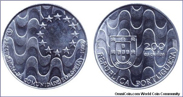 Portugal, 200 escudos, 1992, Cu-Ni, Portugal's Presidency of the European Union.                                                                                                                                                                                                                                                                                                                                                                                                                                    