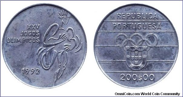 Portugal, 200 escudos, 1992, Cu-Ni, XXV Jogos Olimpicos.                                                                                                                                                                                                                                                                                                                                                                                                                                                            